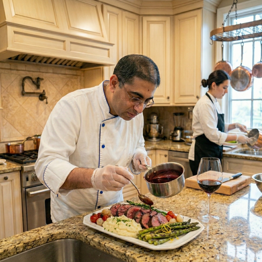 Chef Asif plating the Beef Tenderloin with Red Wine Reduction