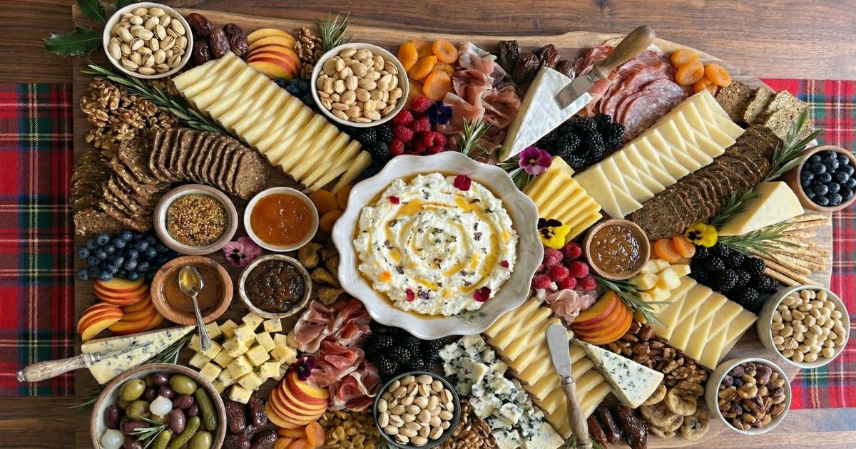 Artfully styled custom grazing board featuring local cheeses and seasonal fruits
