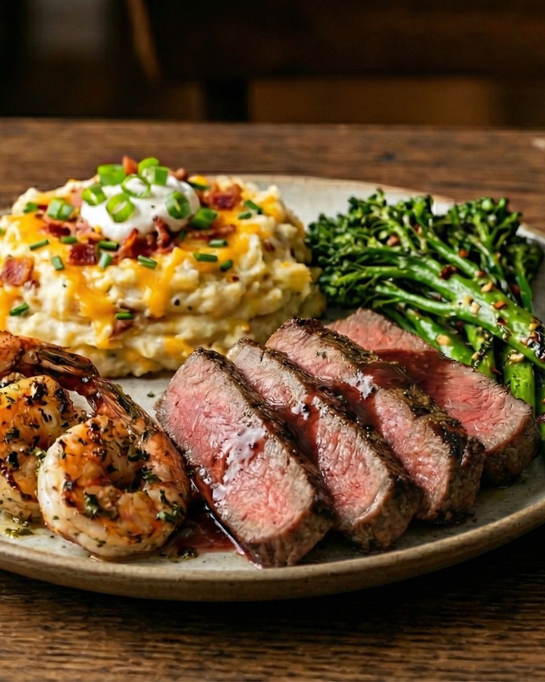 NY Strip Steak and Shrimp prepared medium-rare with loaded mashed potatoes, broccolini