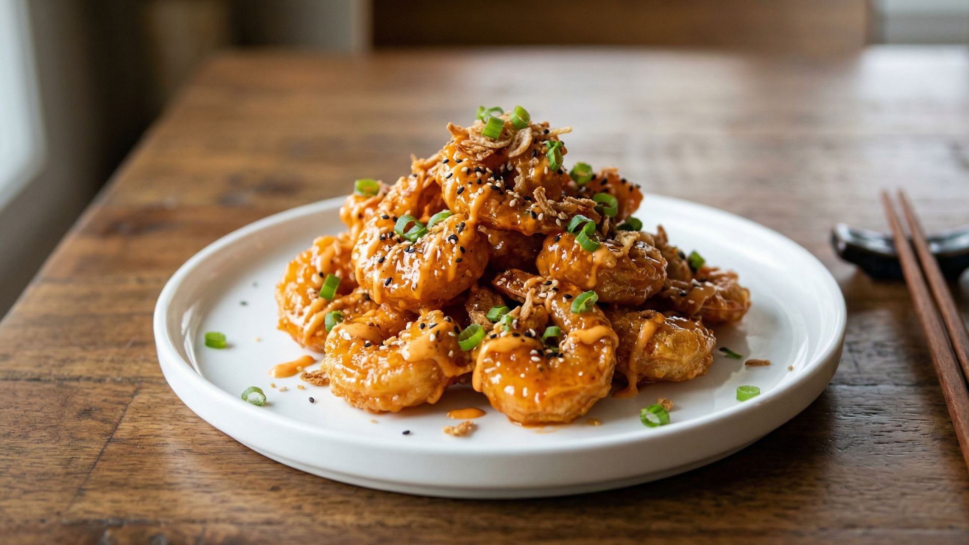 Crispy Volcano Rock Shrimp tossed in a creamy, spicy sriracha and honey sauce