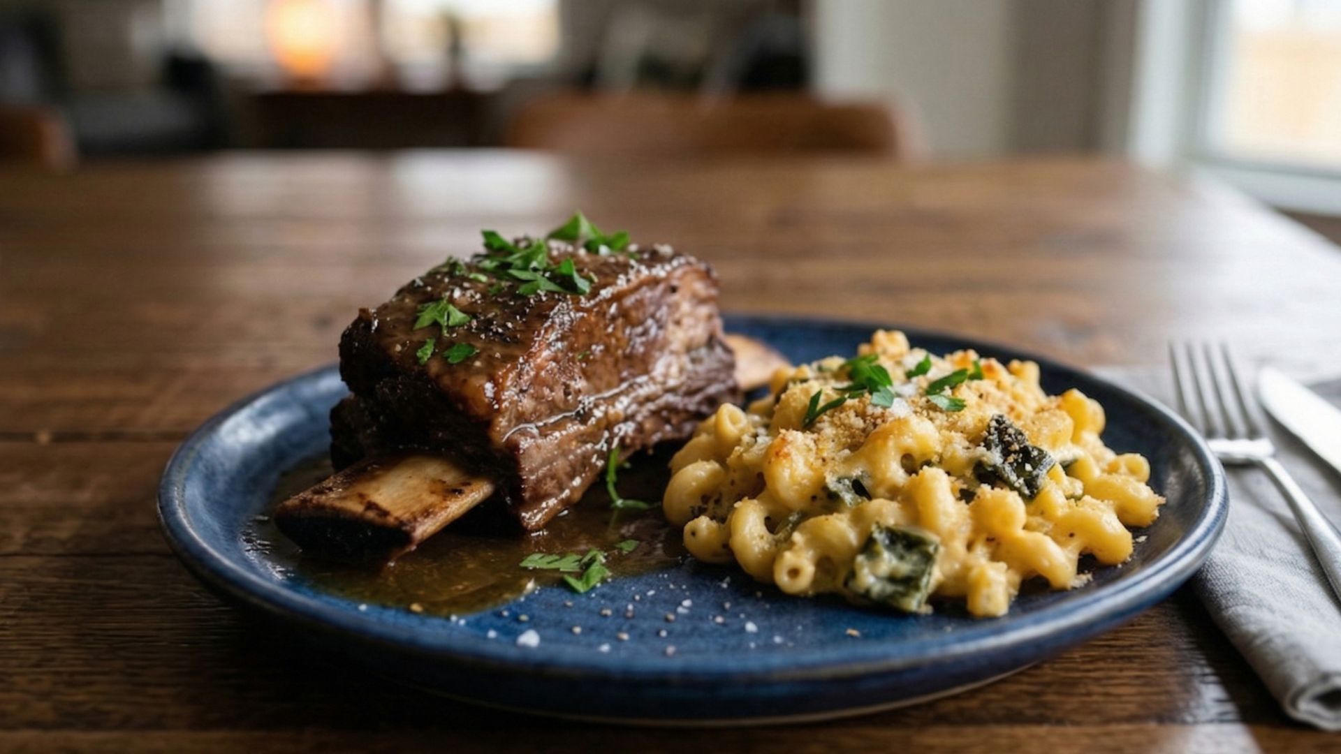 Chef prepared short ribs and macaroni and cheese
